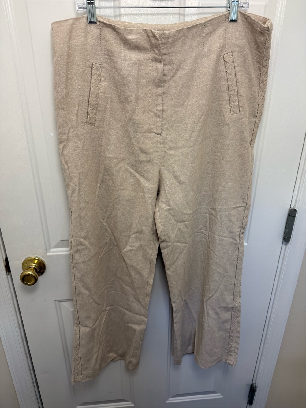 Jason Wu Linen Wide Leg Tan Braid Detail Slash Pocket Pants 10 Vacation Summer